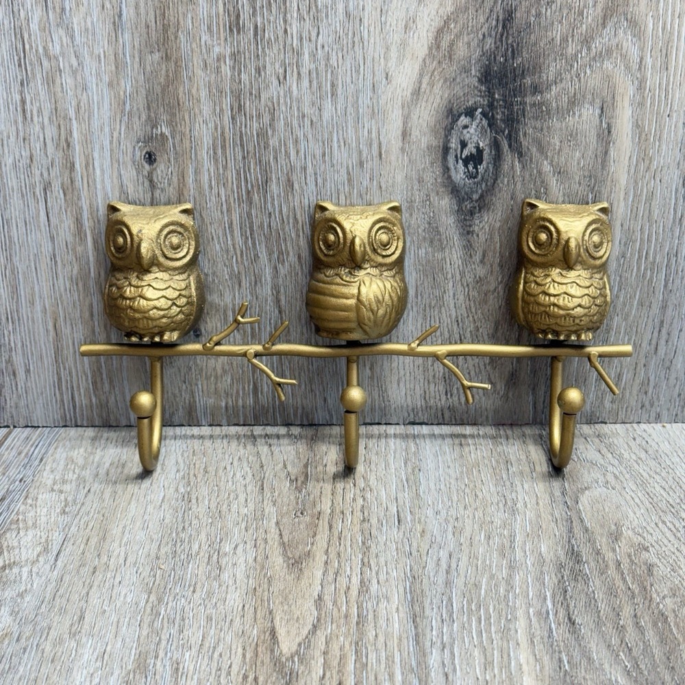 Cast Iron Owl Wall Hook Coat Hat Key Towel MCM Home Decor Gold Finish